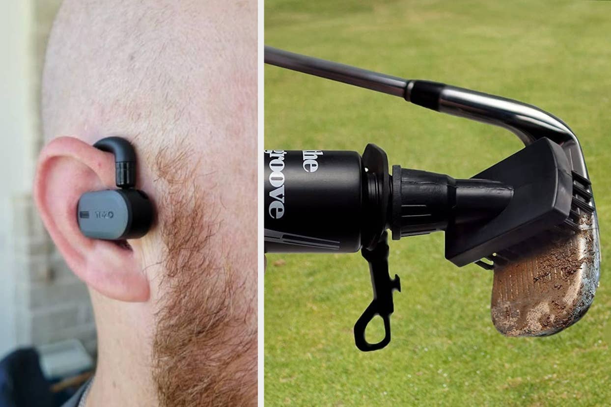 Two images: Left shows a person wearing a small wireless earbud; right displays a close-up of a cleaner scrub bottle being used on a golf club