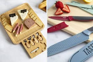 a charcuterie tray and a diamond-textured knife set