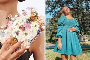 floral purse and balloon sleeve dress