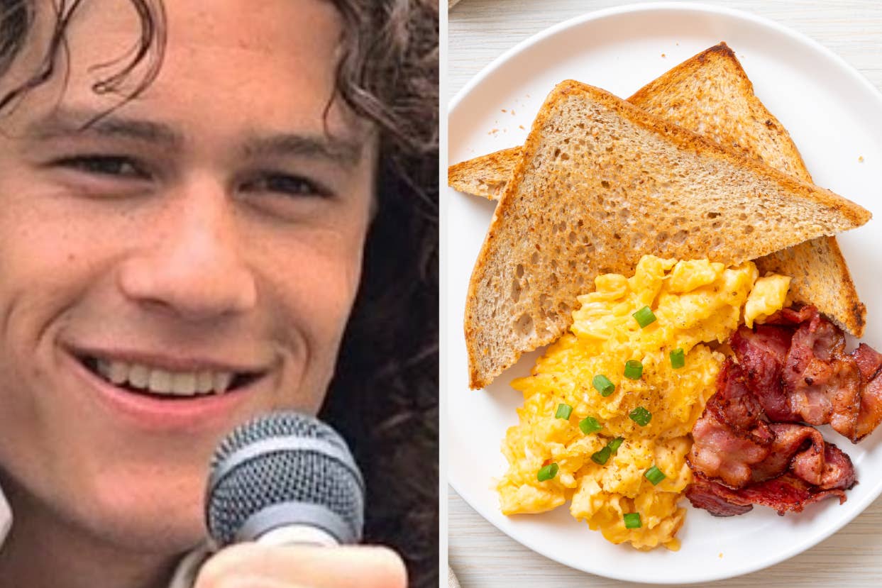Person smiling with a microphone and a plate of scrambled eggs, bacon, and toast