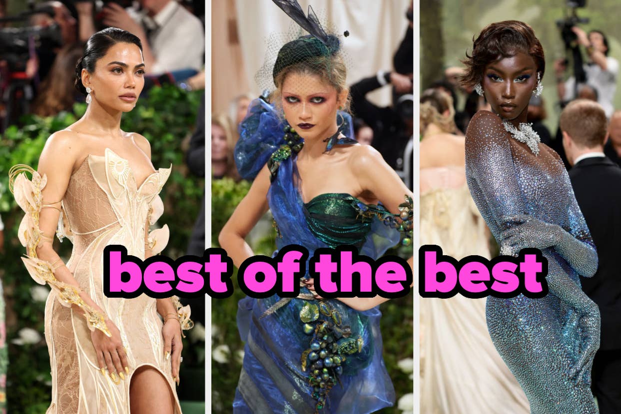 Three celebrities in glamorous outfits at an event, with the text "best of the best" overlaid