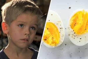 A split image with Kevin from Home Alone on the left, and a plate with two halves of a boiled egg on the right