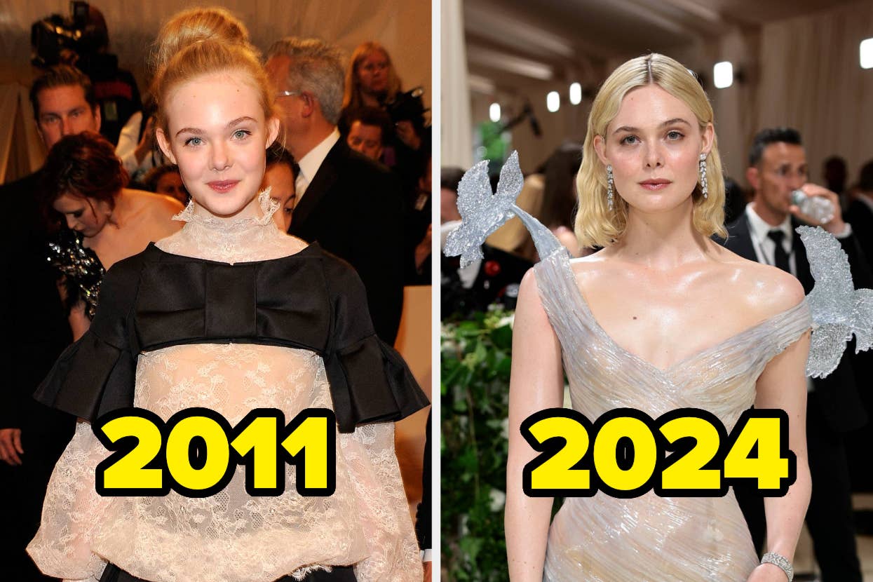 Elle Fanning in 2011 and 2024 at events, showing her style evolution. No names provided
