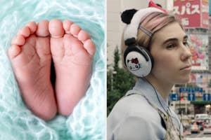 On the left, baby feet peeking out a blanket, and on the right, Zosia Mamet walking in Japan as Shoshanna on Girls