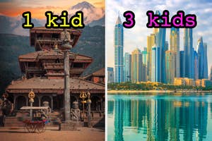 On the left, a temple in Nepal labeled 1 kid, and on the right, skyscrapers in Dubai labeled 3 kids
