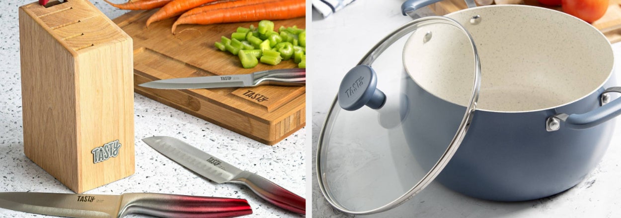 Two images side by side: Left shows a knife block with knives, right features a pot on a stovetop next to a chopping board with vegetables