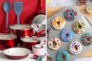 Assorted cookware set on a kitchen counter; tray of decorated donuts next to toppings