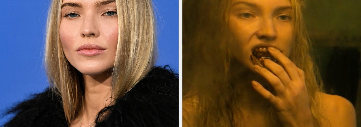 Split image Sasha Luss left in fur attire, right with a scary bloody face