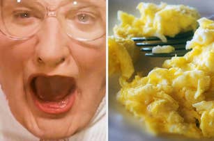 An expressive woman with glasses is shocked; on the right is a close-up of scrambled eggs