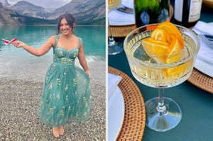 Left: Woman in a green floral dress by a lake. Right: Close-up of a cocktail with orange garnish