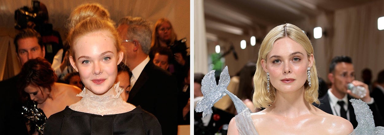 Elle Fanning in 2011 and 2024 at events, showing her style evolution. No names provided