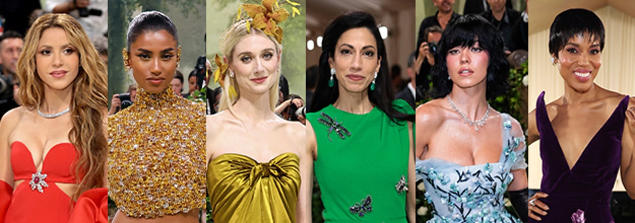 Six women in elegant dresses at a fashion event, varying styles from sleek to embellished