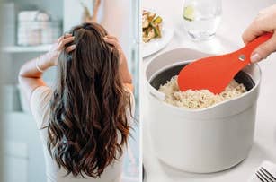 Person with long hair uses hands to style it; another hand holds a rice paddle with rice cooker