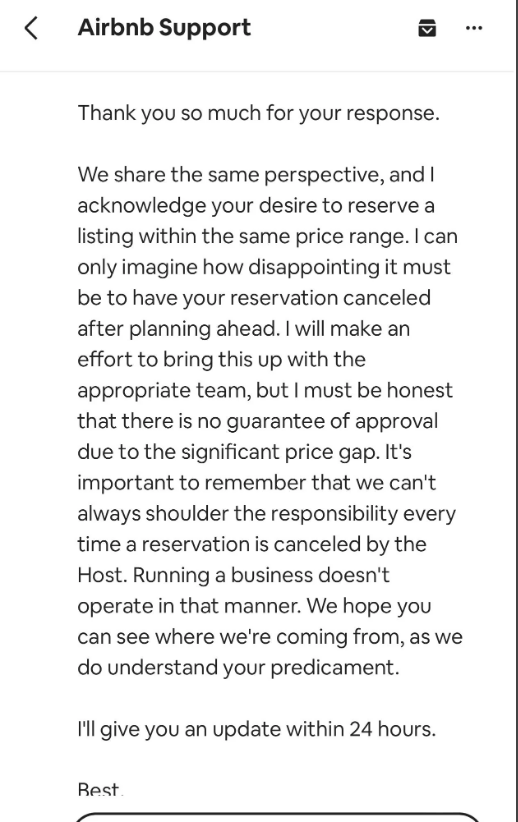 The image is a screenshot of a message from Airbnb support responding to a concern, promising an update within 24 hours