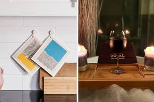 Two images: left shows hanging woven wall art; right displays a wine glass on a bath caddy with candles