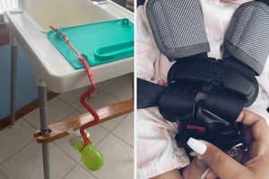 A split image showing two baby products: a bath toy scoop on the left, and a car seat chest clip on the right
