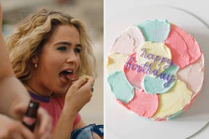 On the left, Haley Lu Richardson eating gelato as Portia on The White Lotus, and on the right, a birthday cake