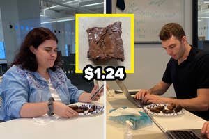 Two individuals at a desk with brownies, a price tag overlay reads $1.24, indicating a sale or cost of the brownies