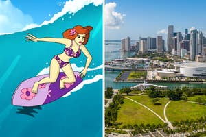 Daphne surfing and an arial view of Miami.