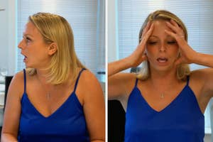 Two side-by-side images of a woman demonstrating a headache relief technique by massaging her temples