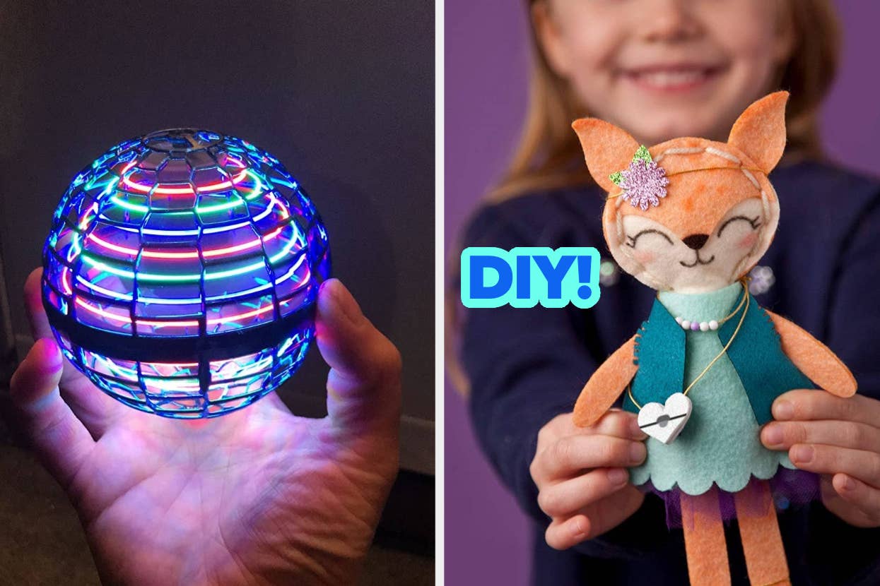 Hand holding a light-up orb toy; a child showcasing a DIY stuffed fox craft
