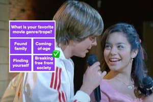 Two characters from High School Musical, Troy and Gabriella, are in the midst of a duet. A poll overlay asks about favorite movie genres