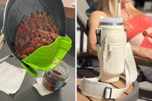A silicone pan handle holder on a skillet, and a woman with a prosthetic limb sitting at a table, stylish handbag on her lap
