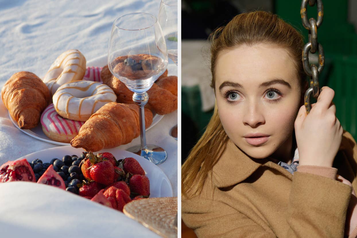 Donuts and wine on a blanket, Sabrina Carpenter holding onto a metal chain.