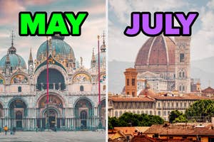 On the left, St. Mark's Basilica labeled May, and on the right, and Florence's Cathedral labeled July