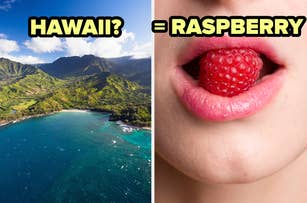 Split image: Left shows tropical coastline, right depicts a mouth with a raspberry on the tongue