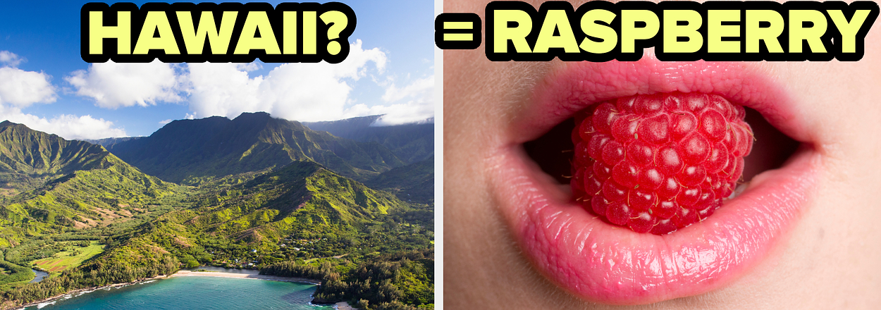 Split image: Left shows tropical coastline, right depicts a mouth with a raspberry on the tongue