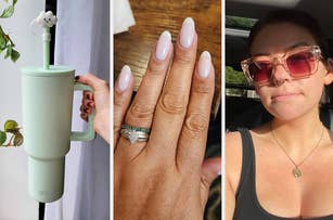 A collage of three images: left with a hand holding a mug with a cute design, middle showing a manicured hand, right with a person wearing sunglasses in a car