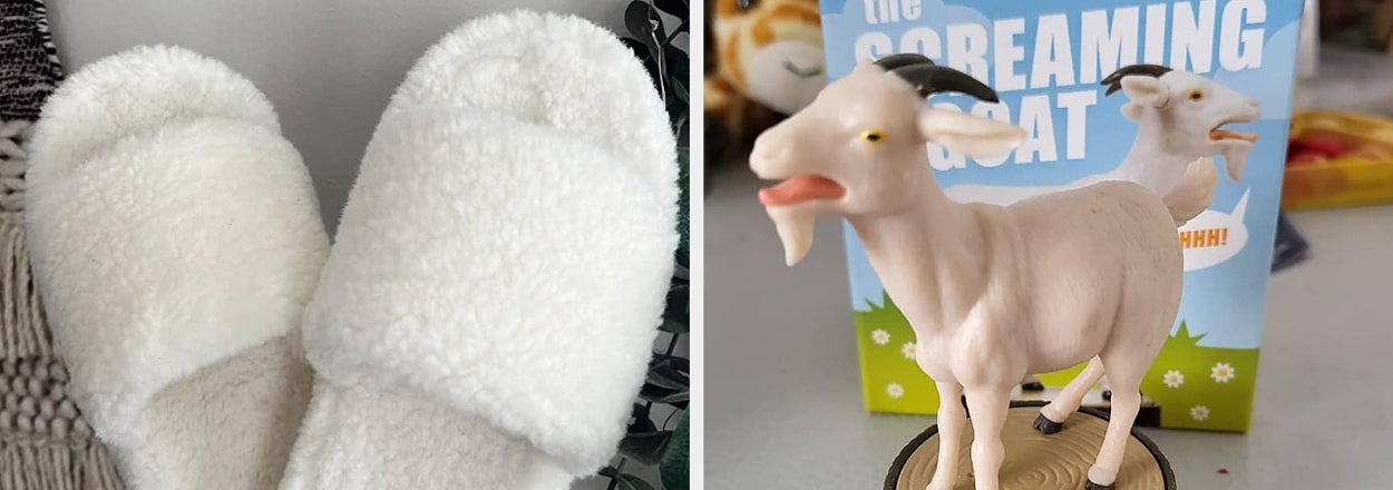 Person holding fluffy slippers and a 'Screaming Goat' figurine with packaging
