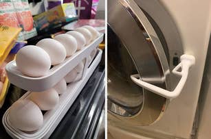 White egg tray with eggs in a fridge and a fridge door handle designed for easy opening