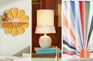 Three home decor items: a flower-shaped wall shelf, a round lamp with fringed shade, and striped curtains