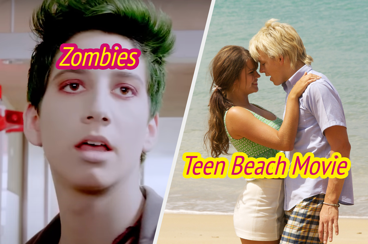 Split image with character from "Zombies" on the left, and two characters embracing from "Teen Beach Movie" on the right