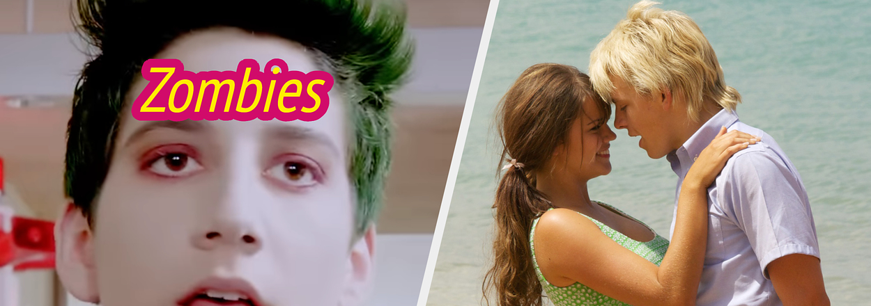 Split image with character from "Zombies" on the left, and two characters embracing from "Teen Beach Movie" on the right