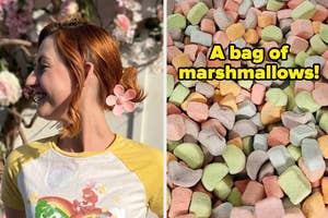 reviewer with flower-shaped hair clip in hair; Beside, text over marshmallows: "A bag of marshmallows!"
