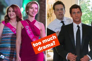Scarlett Johansson and a bridesmaid at a bachelorette party, Ed Helms and Justin Bartha in suits. text: "too much drama?"