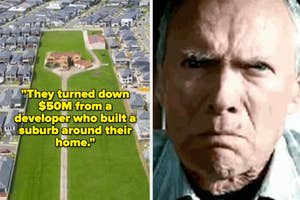 Aerial view of a lone house surrounded by development, next to a close-up of a determined-looking Clint Eastwood