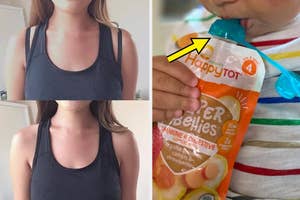 a bra strap before and after being hidden under a shirt with a holder and a silicone pouch lid attached to happytot fruit pouch