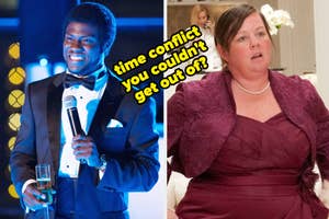 Kevin Hart wearing a tux and speaking at a wedding and Melissa McCarthy dressed in a bridesmaid's dress, text: "time conflict you couldn't get out of?"