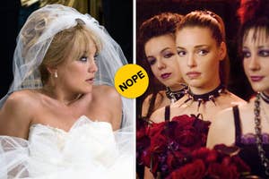 Kate Hudson as a bride, Katherine Heigl dressed as a gothic bridesmaid surrounded by two other bridesmaids with a "NOPE" sticker