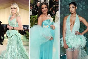 Three women at an event wearing designer gowns with embellishments, one with a baby bump