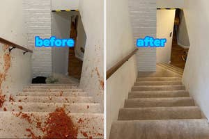a staircase with spilled red pasta sauce on it before and after it being cleaned