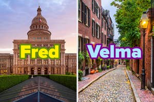Split image: Left is a capitol building with "Fred" superimposed; right is a cobblestone alley with "Velma" superimposed