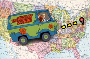 The Mystery Machine on top of a map of The United States with a location pin in it.