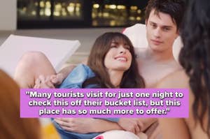 Anne Hathaway in 'the idea of you' with a quote about a great travel destination