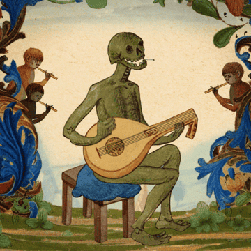Ilustración de un esqueleto tocando la lira con monos músicos en un fondo floral