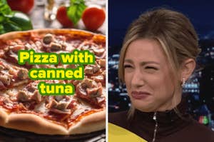 Side-by-side images: left shows a pizza with canned tuna; right is a woman grimacing